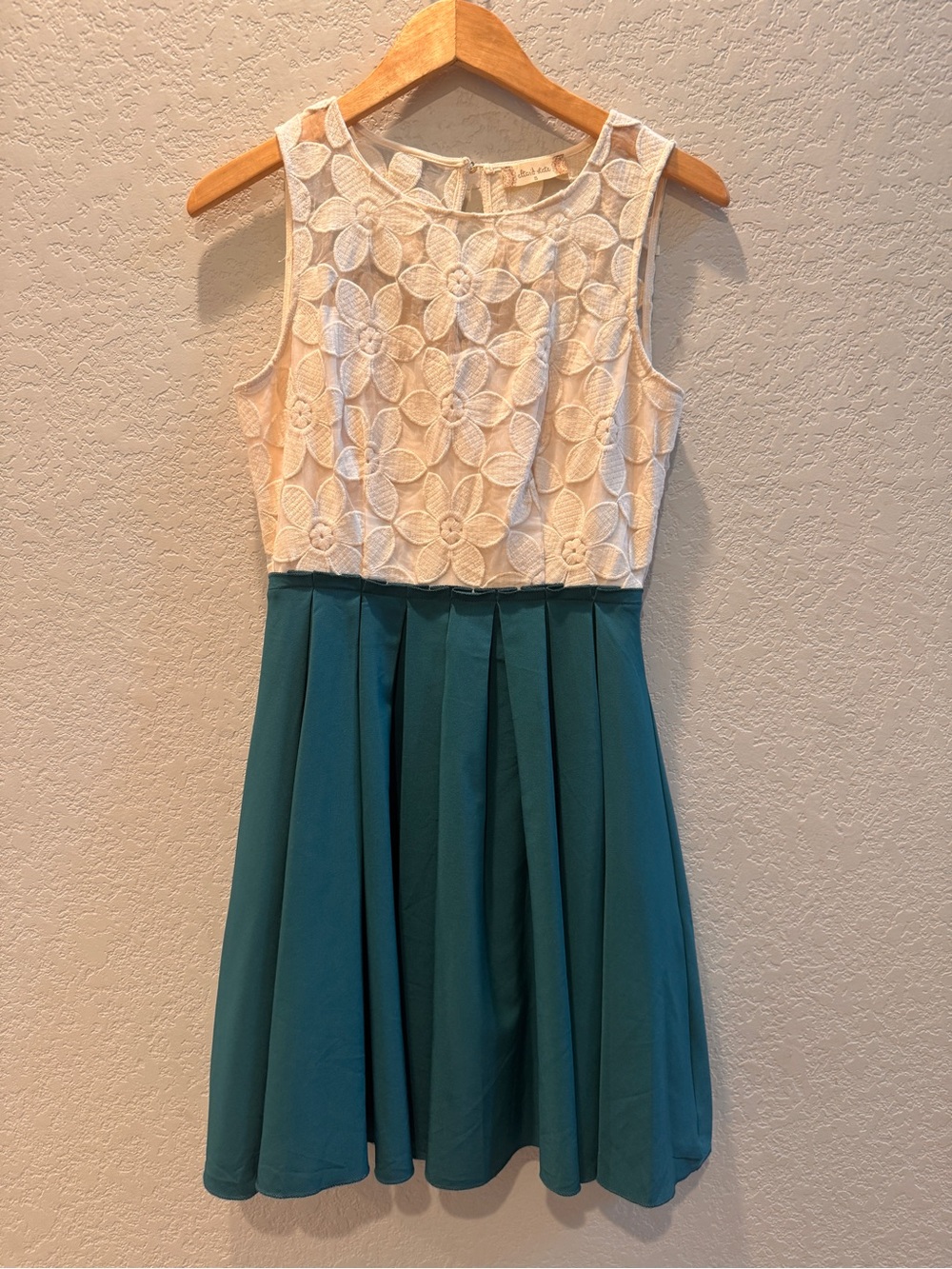 Kentucky Derby Lace top cream color with teal plisse skirt. Elegant cute dress